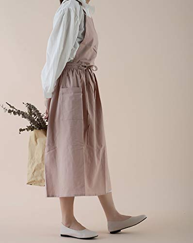 VLZUFE Women Cotton Linen Cross Back Apron with Pockets for Gardening Works Pinafore Dress - color: Pink