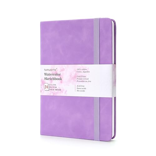 tumuarta 100% Cotton Watercolor Journal Sketchbook, Cold Press, 7.5x5 in, 140 LB, 300GSM, Acid Free, 24 Sheets,48 Pages, Watercolor Journal for Use As Travel Notebook and Mixed Media Pad On The Go - color: Purple, size: 7.5"x5"