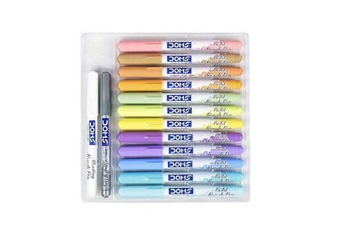 Doms Super Soft Tip Pastel Shades Brush Pen Set | 12 Pastel + 1 Silver + 1 Blender | Ideal for Doodling, Illustrations, Calligraphy, Artists & Professionals | Pack of 1