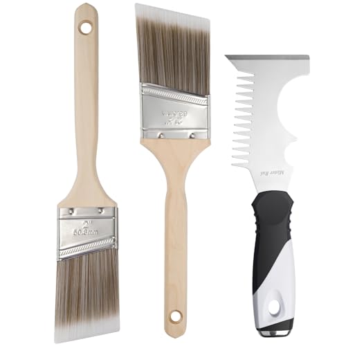 Mister Rui Angled Paint Brushes 3 Pieces Set, with Paint Brush Comb Cleaner | Synthetic Paint Brush Roller Cleaner Tool 2" &2.5'' Long Handle Paint Sash Brush for Commercial Grade Trim, Cabinet - size: 3PCS, 2", 2.5", Paint Comb
