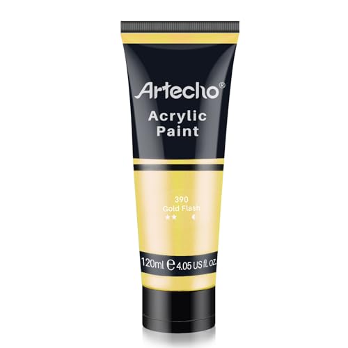 Artecho Gold Flash Acrylic Paint 120ml /4.05oz /4.05oz Tube | Semi Glossy Finish, High Pigment Rich Color Craft Paint for Canvas, Rocks, Wood, Fabric, Ceramic, Non-Toxic - color: Gold Flash, size: 4.05 Fl Oz (Pack of 1)