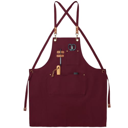 Chef Canvas Aprons with 3 Large Pockets Adjustable Strap for Men Women - color: Red