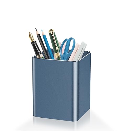 Pen holder,square pen cup, Metal pen pencil holder, desktop pencil cup stationery organization office desktop accessories, suitable for office, school, home and stationery supplies. (blue) - color: Blue