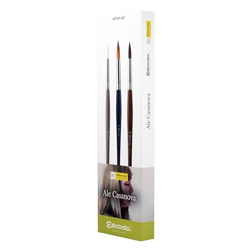 Escoda | Watercolour | Artist Set Ale Casanova | Size 8,10,14 | 3 Brushes | Toray-RMix (90% Gold Toray-10% Red Sable) + White Toray + Kolinsky Synthetic | Round Pointed | Portraits + Figurative Art - color: Ale Casanova, size: Artist Set