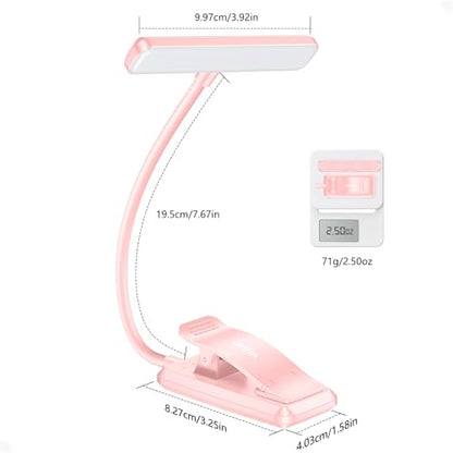 Gritin 19 LED Rechargeable Book Light for Reading in Bed | Eye Caring 3 Color Temps,Stepless Dimming Brightness,Memory Function,90 Hrs Runtime Lightweight Clip on Light-Pink - color: Pink