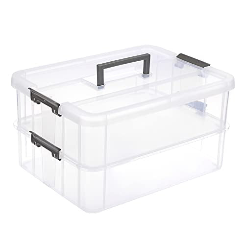 JUXYES 2-Tiers Plastic Stack Carry Storage Containers Box wih Handle Lids - color: Dark Gray