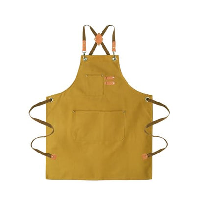 Chef Aprons for Men Canvas Apron with Large Pockets and Adjustable Neck Strap for Cooking,BBQ, Gardening - color: Brown