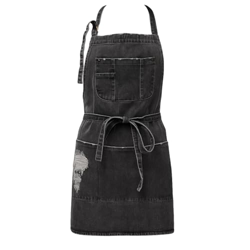 Denim Apron With 5 Pockets for Kitchens,Hairstylist Aprons for Women Men,Adjustable Bib Jean Apron for Arts Cafe Work - color: Black Gray, style: Apron