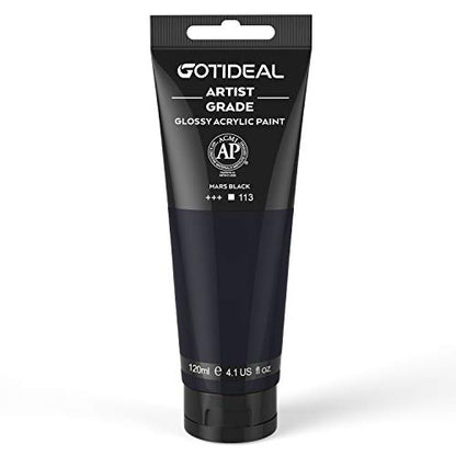 GOTIDEAL Black Acrylic Paint Tubes (120ml, 4.1 oz), Mars Black Paint | Non Toxic Non Fading, Rich Pigments, for Painters, Adults & Kids, Ideal for Canvas Wood Clay Fabric Ceramic Craft Supplies - color: Mars Black, style: Regular