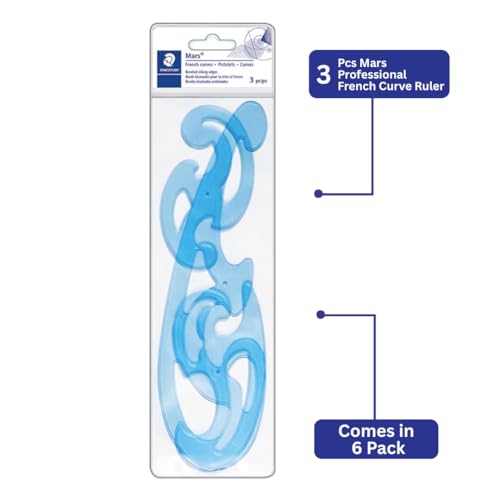 STAEDTLER Mars Professional French Curve Design Ruler Set, 6-Pack | 3 Essential A B C Shapes, Blue Transparent Plastic with Inking Edge, 3 pcs Each Set, 18 Count
