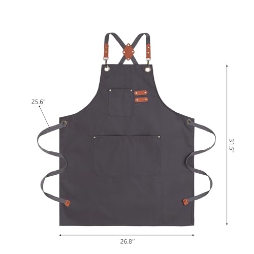 Chef Aprons for Men Canvas Apron with Large Pockets and Adjustable Neck Strap for Cooking,BBQ, Gardening - color: Grey