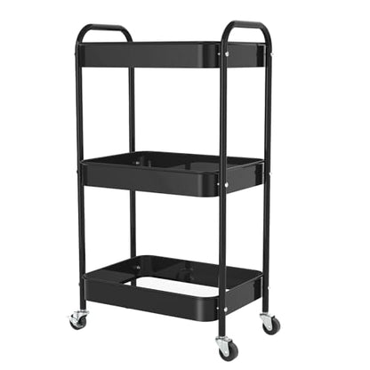 3-Tier Rolling Cart, Metal Utility Storage Carts with Wheels, Black | Multi-Functional Organizer Snack Cart Easy Assembly - color: Black