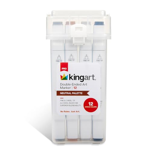 KINGART PRO Double-Ended Alcohol Ink Art Markers, 12 NEUTRAL GRAY & BROWN Colors, Fine Point & Chisel Tips, Permanent with Superior Blendability, Includes Plastic Case, 12 Pc. - color: Neutral Palette