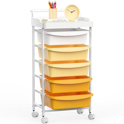 5 Drawers Plastic Rolling Storage Cart with Wheels, Teacher Supply - color: Orange