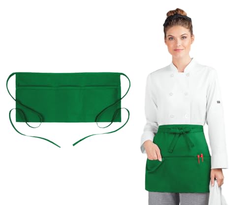 Avalon Kitchen Server Aprons with 3 Pockets – 100% Polyester Waist Apron, 24x12 Inch Half Apron, Waitress Apron for Servers - color: Green, style: Pack of 1