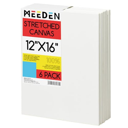 MEEDEN Stretched Canvas, 12 × 16 Inch, Pack of 6, Blank White Canvases for Painting, 100% Cotton, 13 oz Gesso-Primed, Pre-Stretched Canvas for Acrylic Oil Pouring & Airbrushing Painting - size: 12''x16''- 6 Pack