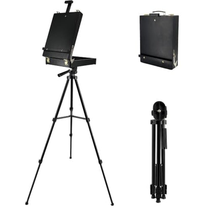 Black French Style Easel Sketch Box with Aluminum Tripod | Lightweight Black Aluminum Tripod, Adjustable Portable Plein Air Easel for Outdoor Painting, Sketching & Painting - color: Black