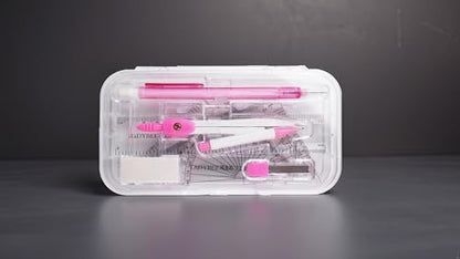 9-piece set back-to-school kit , packed in a reusable plastic box,two triangles, a protractor, a 15-centimeter ruler, a compass, a mechanical pencil with extra lead, and an eraser. - color: Pink