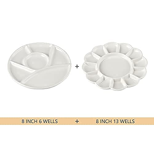 Set of 2 Ceramic Artist Paint Pallet,Tray,Palette,Easy to Clean Porcelain Mixing Tray for Watercolor Gouache Painting,White, 8 inch,Round, (LS007)
