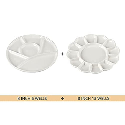 Set of 2 Ceramic Artist Paint Pallet,Tray,Palette,Easy to Clean Porcelain Mixing Tray for Watercolor Gouache Painting,White, 8 inch,Round, (LS007)