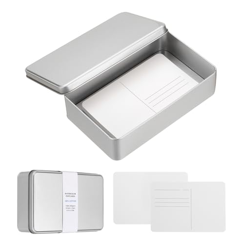 MECCANIXITY 20 Sheets Watercolor Postcards, 100% Cotton 4x6 Inch Watercolor Paper with Silver Tin Box Blank Postcards Rough for Mailing Painting Invitations Greeting Cards(140lb/300gsm) - color: Silver