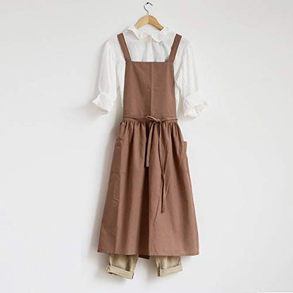 VLZUFE Women Cotton Linen Cross Back Apron with Pockets for Gardening Works Pinafore Dress - color: Brown