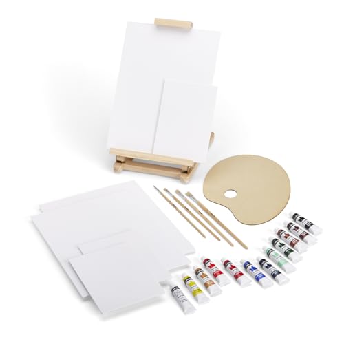 KINGART 21-Piece Artist Acrylic Painting Set with H-Frame Wooden Easel, 12 Vivid Acrylic Paint Colors, 6 Canvas Panels, 4 Brushes, Wood Palette - School, Students, Adults, Gift Giving
