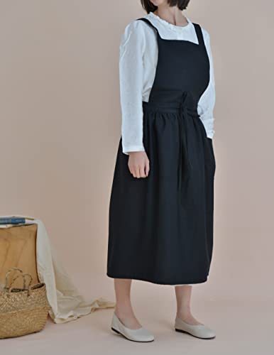 VLZUFE Women Cotton Linen Cross Back Apron with Pockets for Gardening Works Pinafore Dress Black - color: Black