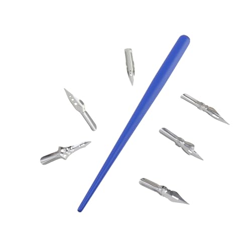 Dip Pen Set 1pcs Wooden Pen Nib Holder 6pcs Stainless Steel Replacement Fountain Pen Nibs for Calligraphy Drawing Signing Sketch Painting Writing (Blue) - color: Blue