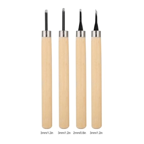 Stamp Carving Tools 4PCS Rubber Wood Carving Knife Tools | Rubber Carving Tools, Linocut Tools with Wooden Handle for Rubber Stamps 5.3 Inch Length