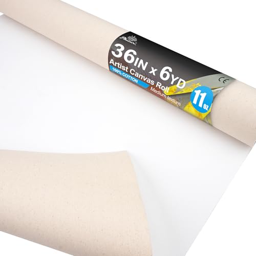 PHOENIX 36 Inch Wide x 6 Yard (18 Feet) Long Canvas Roll | 100% Cotton 11 Oz. Gesso Primed, Ready to Use Unstretched Professional Roll of Canvas for Oil & Acrylic Painting - size: 36 inch x 6 yard, style: 11 oz.