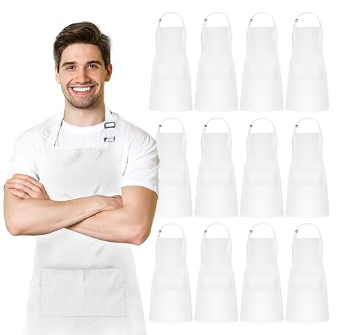 Adjustable Bib Apron 100% Polyester Kitchen Aprons Waterdrop Resistant Aprons with Adjustable Strap, Pockets & Long Ties - color: White, style: Pack of 12