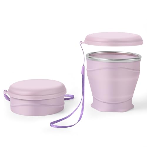 8.8oz/260ml Collapsible Silicone Cup with Lid,BPA-Free,304 Stainless Steel Rim,Portable Cup for Travel,Camping, Hiking,Outdoor Sports (Light Purple) - color: Light Purple