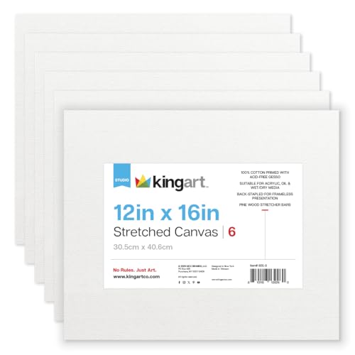 KINGART 805-6 Stretched White Canvas for Painting, 12 x 16 Inch, Pack of 6 | 100% Cotton, Triple Primed Acid-Free Gesso, Ready to Paint, 5/8" Profile, Back-Stapled - size: 12 x 16 Inch