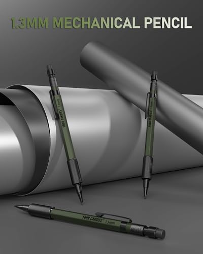 Four Candies 1.3mm Metal Mechanical Pencil Set with 72 Lead Refills, 3-Pack | Weatherproof Body, Heavy Duty, 3 Erasers, 16 Eraser Refills, Storage Case for Outdoor Construction Woodworking Marking - size: 3-Pack, style: Olive Green