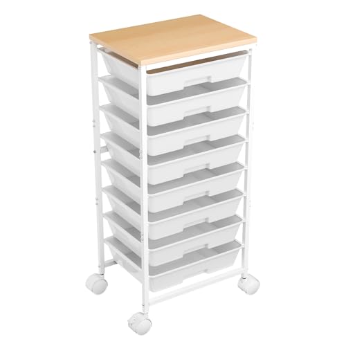 Ekisemio Rolling Cart with 8 Drawers, Storage Drawers Cart with Wooden Tabletop and Lockable Wheels, Utility Cart for Living Room, Office, Classroom, Craft Room, White