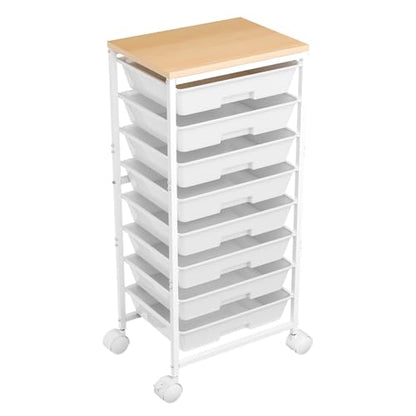 Ekisemio Rolling Cart with 8 Drawers, Storage Drawers Cart with Wooden Tabletop and Lockable Wheels, Utility Cart for Living Room, Office, Classroom, Craft Room, White