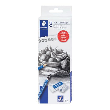 STAEDTLER Mars Lumograph Graphite Artist Sketching Set, 6 Pencils (6B, 4B, 2B, B, HB, 2H), Mini Mars Plastic Eraser, Metal Sharpener - style: 6 Pencils, Sharpener, Eraser