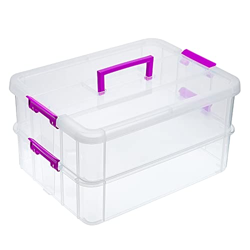JUXYES 2-Tiers Plastic Stack Carry Storage Containers Box wih Handle Lids - color: Purple