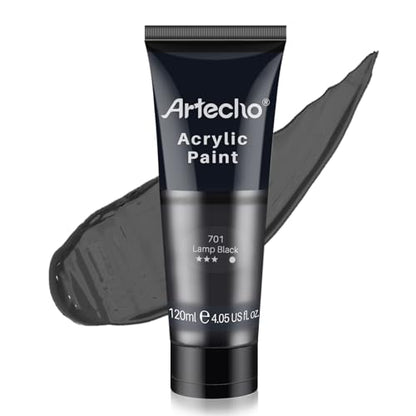 Artecho Black Acrylic Paint, Lamp Black Paint (120ml / 4.05oz) Tubes, Art Craft Paints for Canvas, Rock, Stone, Wood, Fabric, Art Supplies | Semi Glossy Finish, High Pigment Rich Color Craft Paint for Canvas, Rocks, Wood, Fabric, Ceramic, Non-Toxic - colo