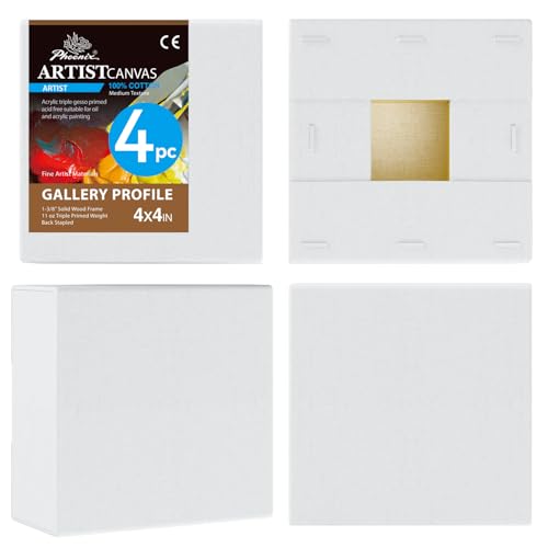PHOENIX 4x4 Inch 4 Pack Gallery Canvas - Small Square 1.5 in Thick Canvases for Painting - Deep Edge 100% Cotton 11 Oz. Gesso Primed White Blank Professional Canvas Oil & Acrylic Paints - size: 4"x4", style: Gallery