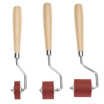 QWORK 3pcs Rubber Brayer Roller Set, 1.18" 0.78" 0.39" Mini Ink Rollers with Wooden Handle & Stainless Steel Frame for Printmaking, Stamping, Inking Blocks, Carving Surfaces