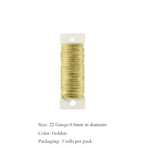 HAHIYO 22Gauge Golden 3Roll Total 115Yards(345Feet) Metal Floral Wire Flexible Paddle Wire for Crafts Christmas Wreaths Tree Flower Arrangement Bouquet Wrapping Wedding DIY - color: Golden, size: 22Gauge-3P/115Yards
