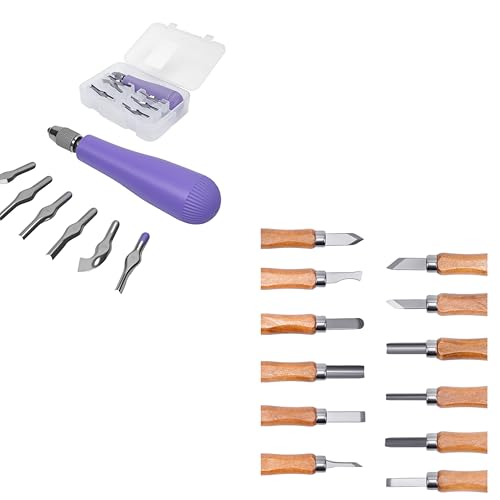 UCEC 1+6+12 Pack Linocut Carving Tools Linoleum Cutter Assortment for Block Printing Wood Carving Kit Whittling Knives V-chisel Angled Gouge Half Round Woodcarving Tools Set Whittling Kit for Linocut