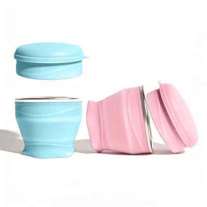 Collapsible Cup 2-Pack with Lids - 6oz Mini Silicone Folding Travel Cup with Steel Rim - BPA Free Pocket Cups for Camping, Hiking, Kids, Mouthwash & Pills (Gray & Pink) - color: Blue & Pink