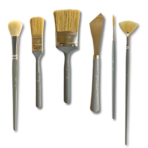 Adam Lashley 6 Piece Landscape Brush Set: 2 Inch, 1 Inch Oval, 6 Fan, Large Palette Knife, 3/4 Inch Mop Blender, 2/0 Script Liner for Wet on Wet Painting