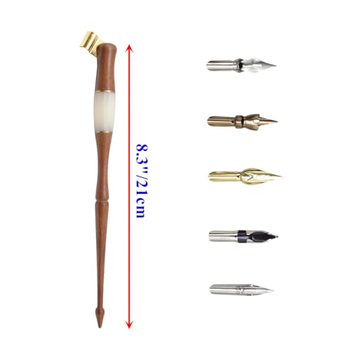 Wood Calligraphy Oblique Dip Pen Holder Set | Removable Nib Pen Handle with 5 Nibs for English Calligraphy Drawing Comic, Brown - color: Brown