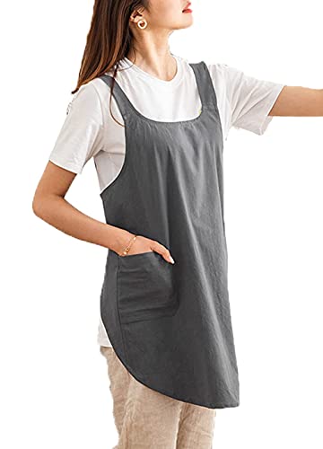 Cotton Cross Back Aprons Solid Color Cooking Kitchen Garden Smock for Women Girls with Pockets - color: Darkgrey