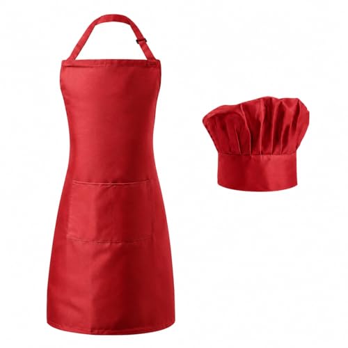 Tosewever Chef Apron Hat Set for Women and Men, Adjustable Bib Apron with 2 Pockets Costume Apron for Father Kitchen Cooking - color: Red
