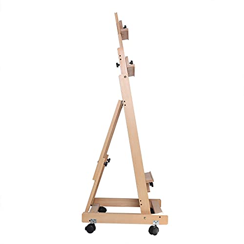 H-Frame Easel 56" to 91"H, Solid Beech Wood Easel, Studio Easel for Painting Canvas, Artist Easel with Large Storage Tray, Solid Beech Wood Artist Easel Adjustable with Wheels